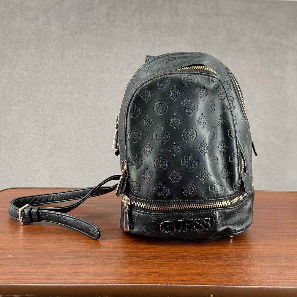 Guess Skye Womens Black Leather Debossed Logo Adjustable Strap Mini Backpack Bag